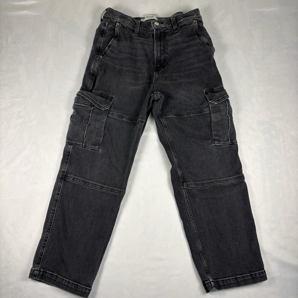 Hollister Baggy Cargo Jeans W30 L30 Washed Black Denim Utility Pockets Skater